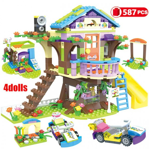 Детски конструктор горска къщичка на приятелите с пързалка и две мини колички, 587 елемента + 3 фигурки, конструктор тип lego 